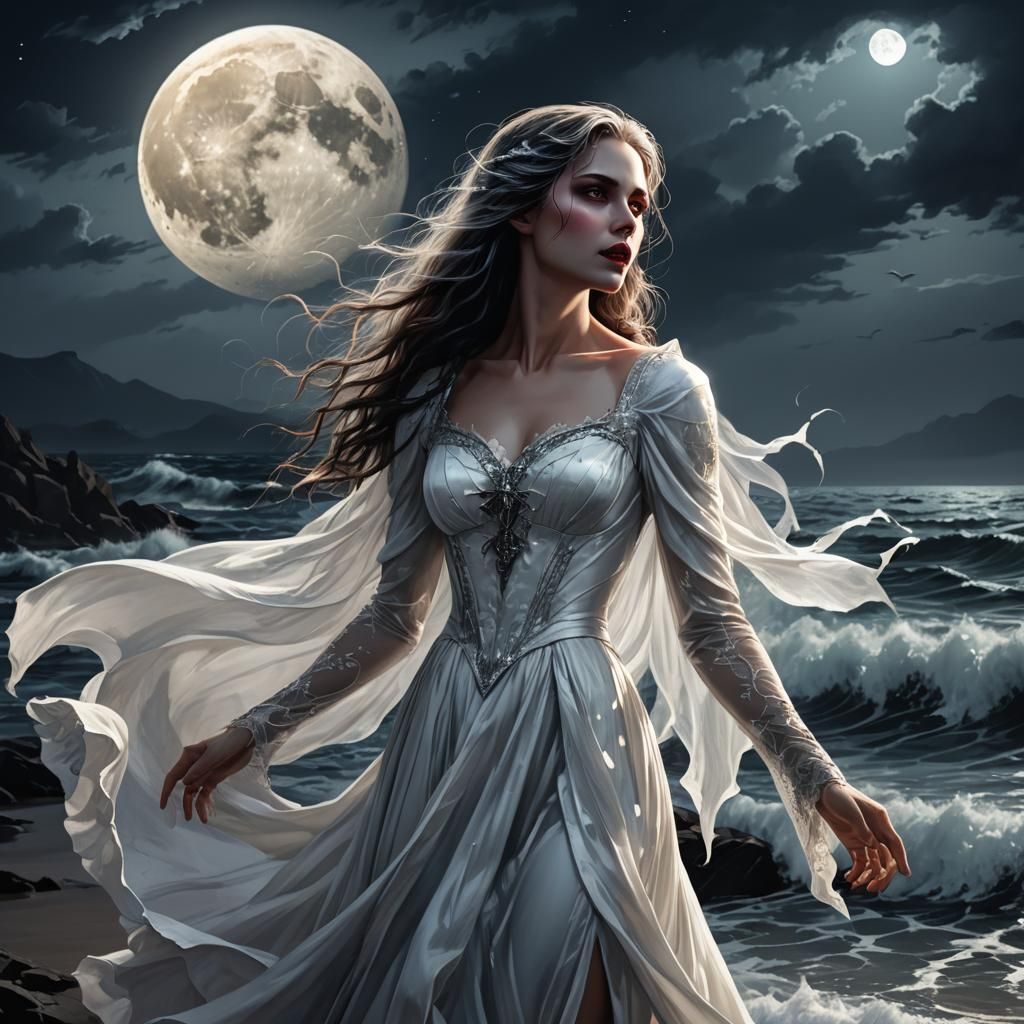 Vampire on Moonlit Shore in Vibrant Digital Art
