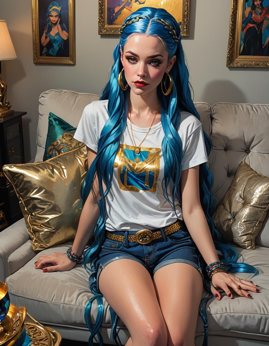 Vibrant Living Room Scene with Blue-Haired Woman