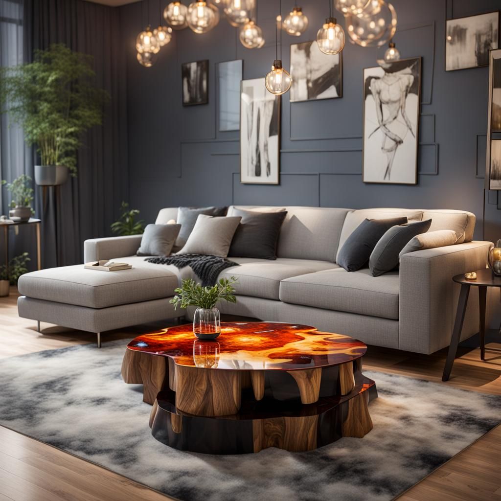Modern Living Room with Epoxy Resin Coffee Table