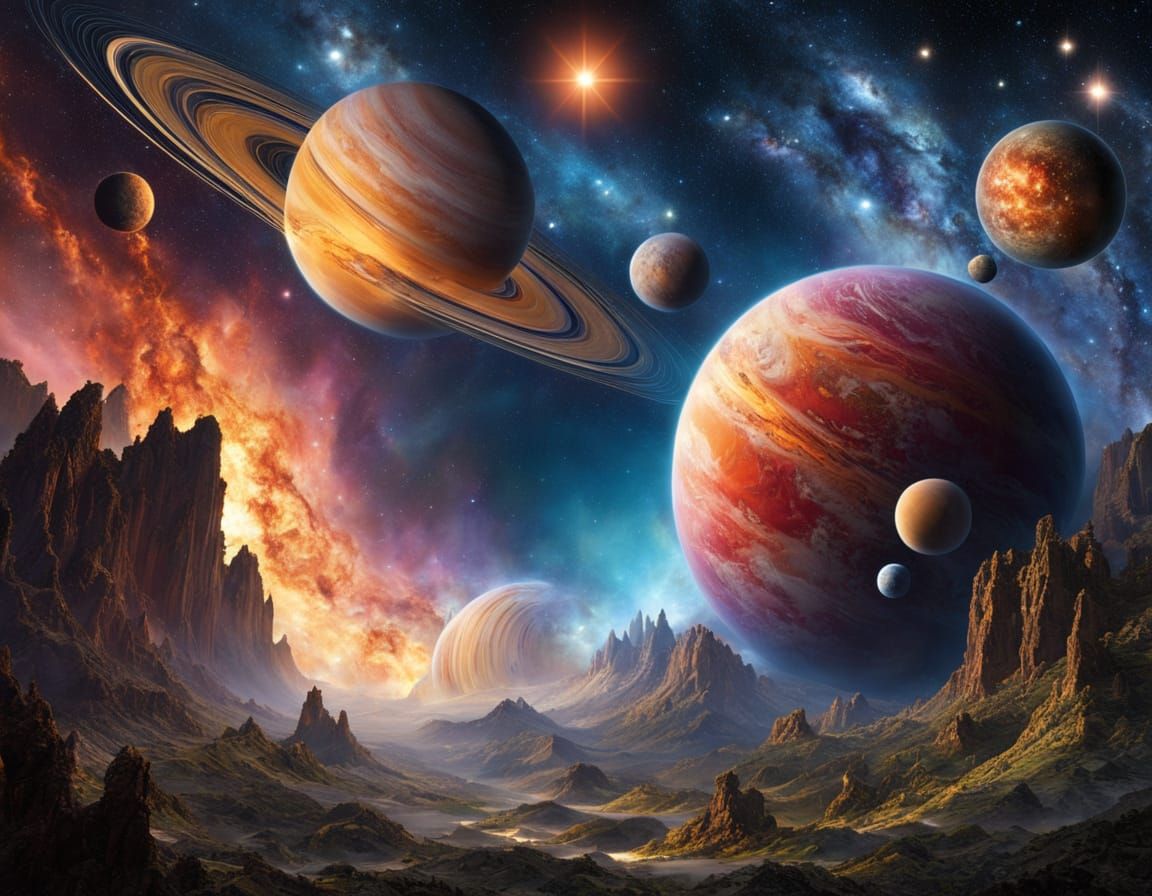 Ringed Planet Amidst Cosmic Clouds and Galaxies