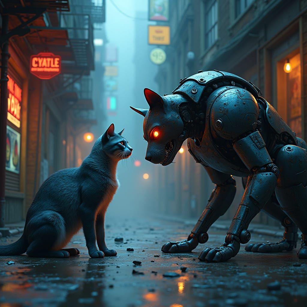 Gritty Robot Cat Confronts Opponent in Dark, High-Tech Alley...