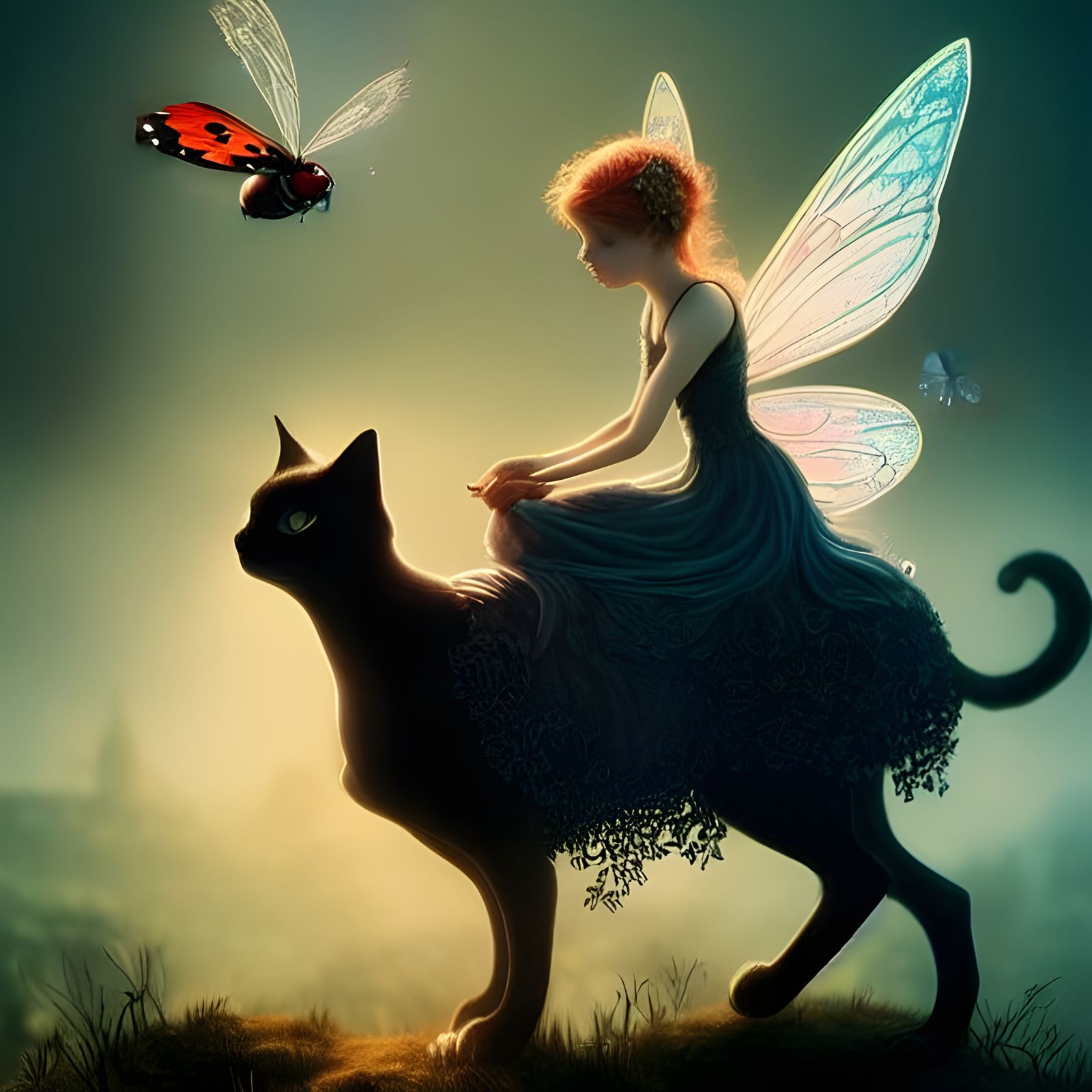 Fairy Riding a Cat: Hyperrealistic Digital Art