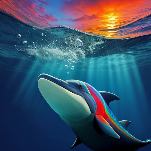 Underwater stunning rainbow dolphin head at sunset