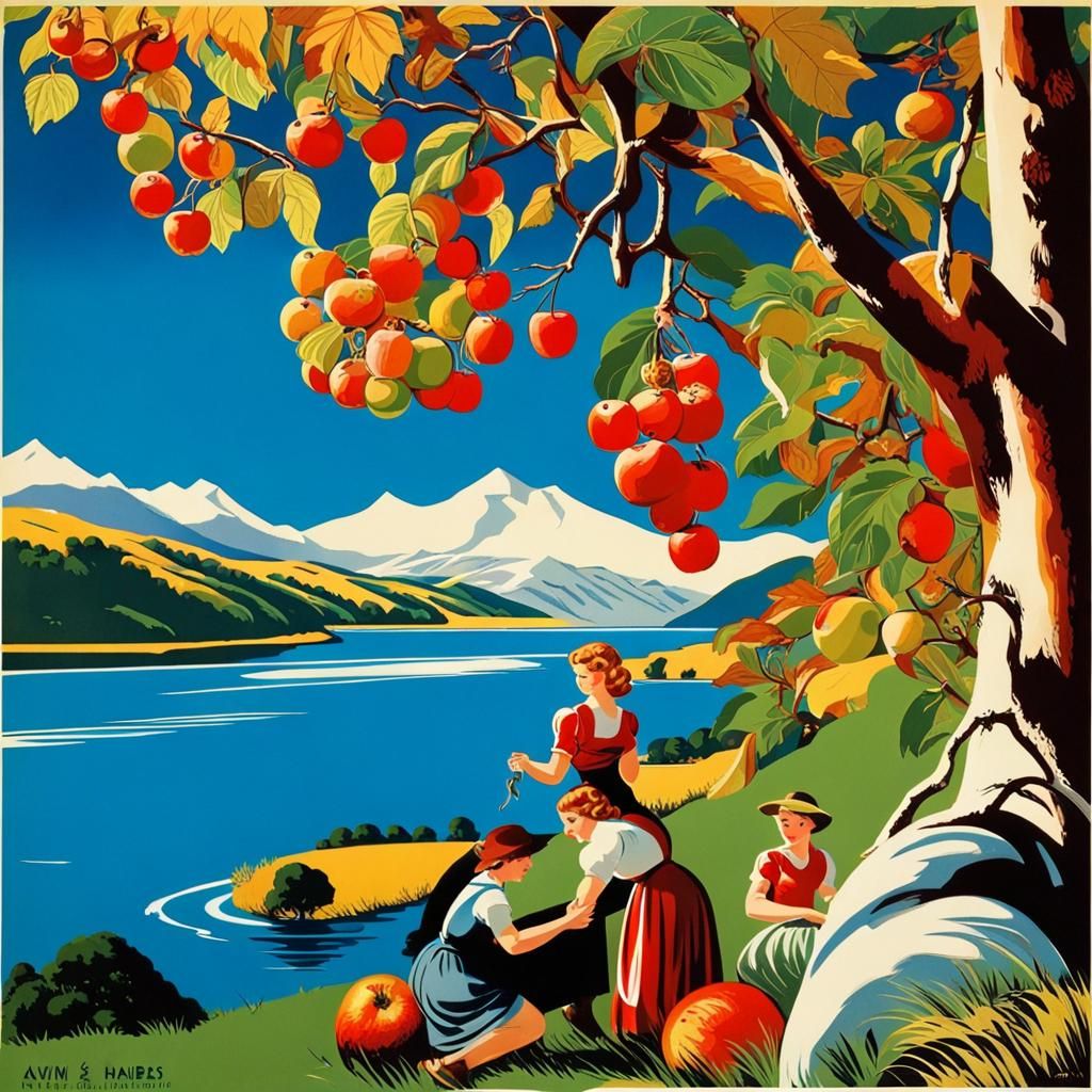 New Zealand Autumn Harvest Vintage Travel Poster