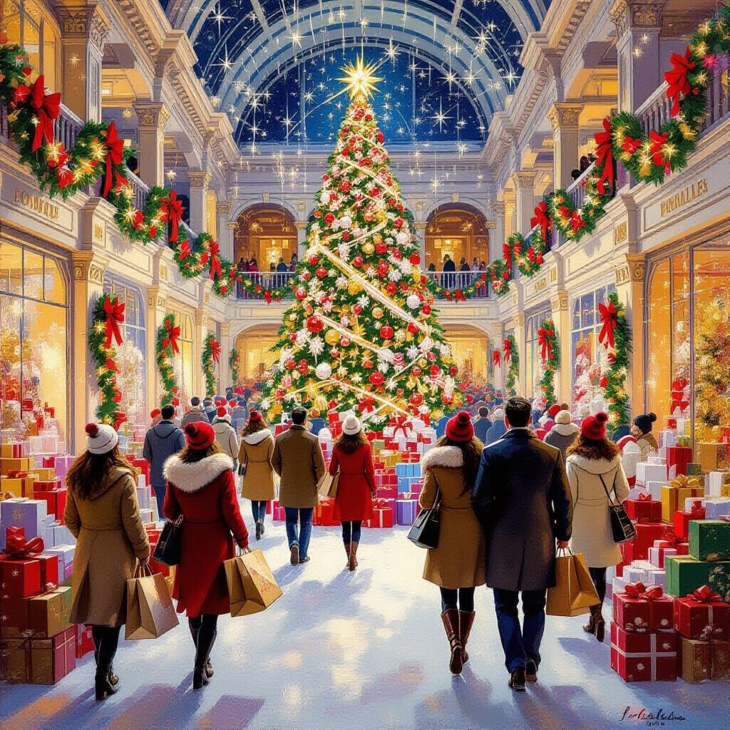 Festive Department Store at Christmas in Oil Painting Style