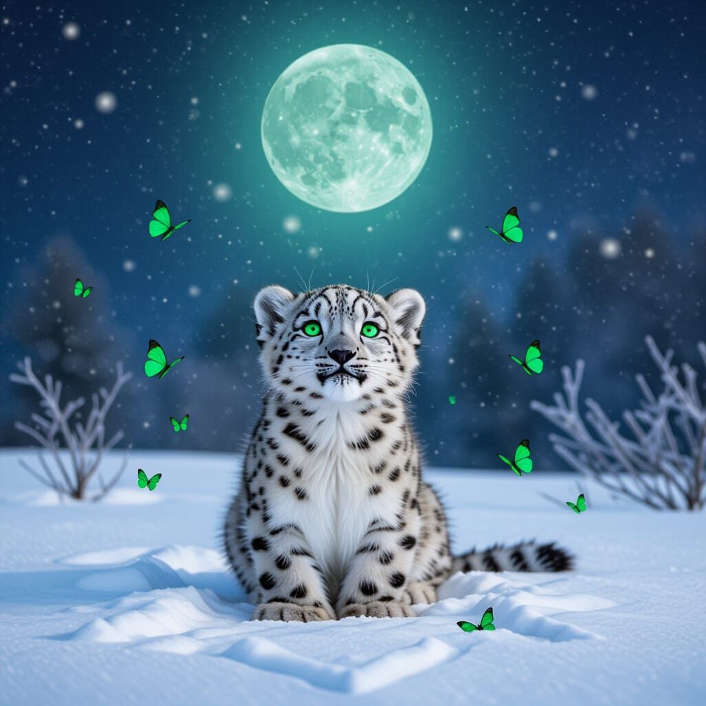 Snow Leopard Cub Under Glowing Green Moon