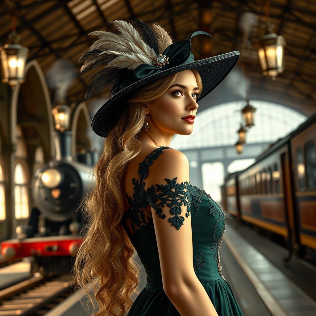 Elegant Woman in Dark Green Gown at Vintage Train Station, S...