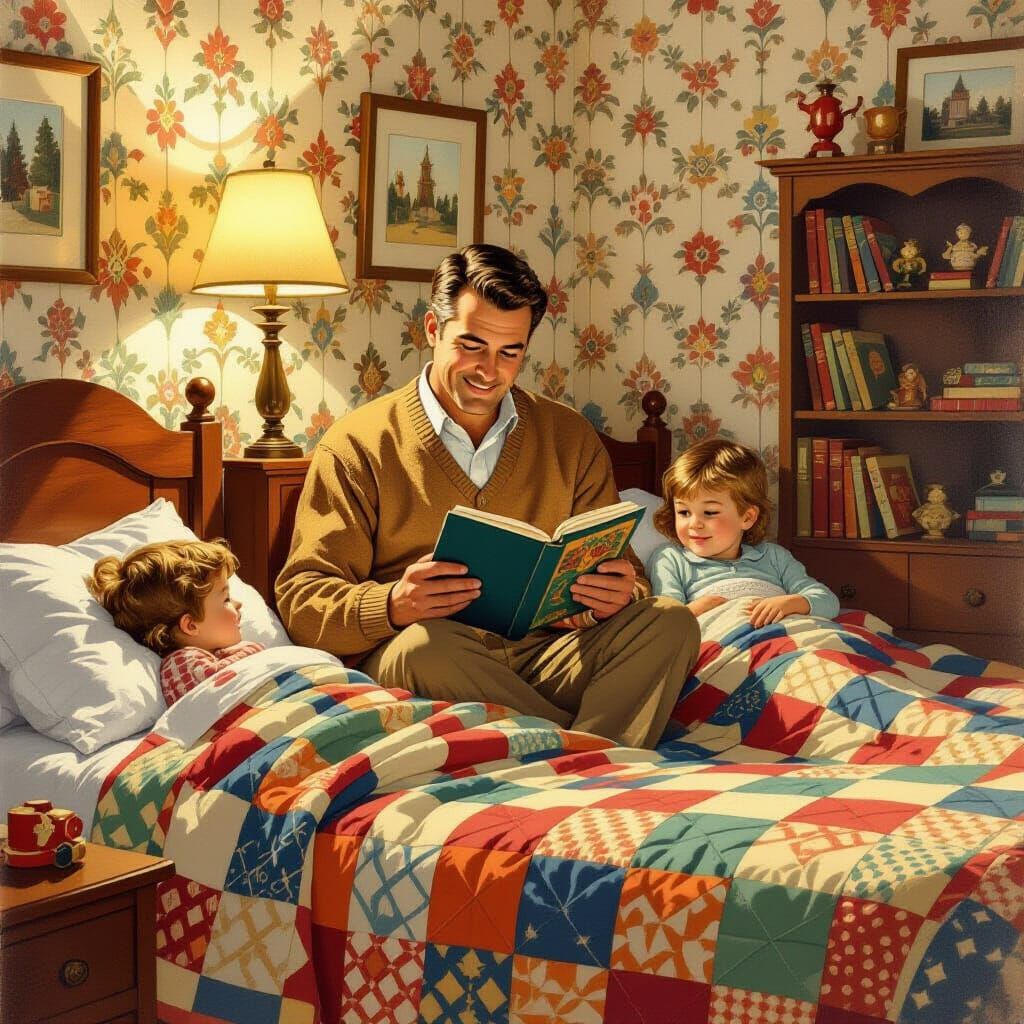 1960s Father Reading Bedtime Story, Nostalgic Illustration