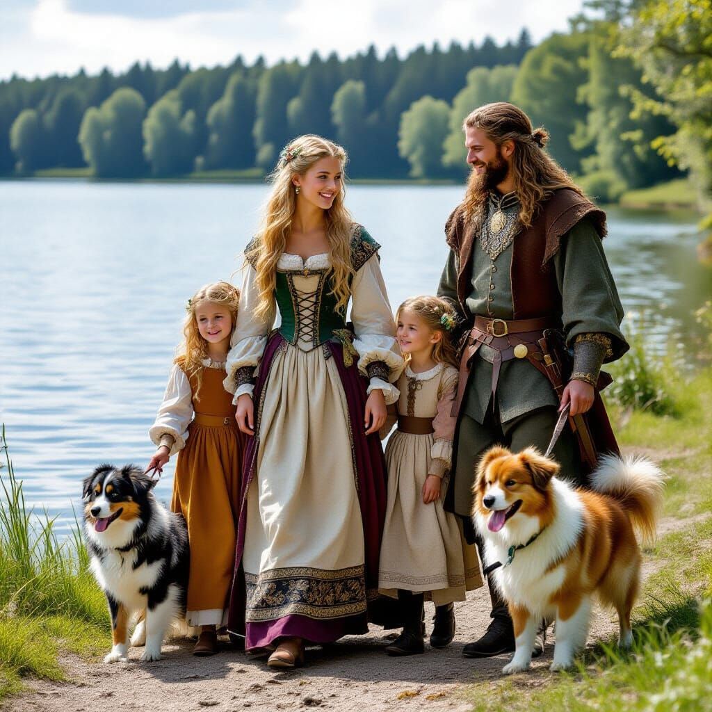 Medieval Family Walking by a Lake, Realistic Style