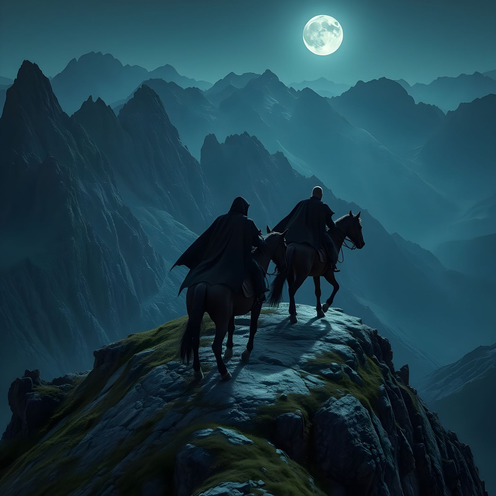 Vampires Ride Black Horses Across Moonlit Mountain Range