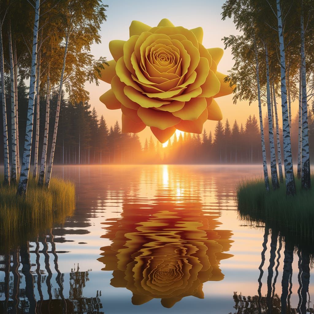 Giant Yellow Rose Sunrise Over Birch Forest