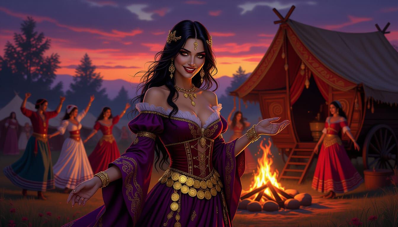 Charismatic Vampire in Romani Caravan, Gothic Style