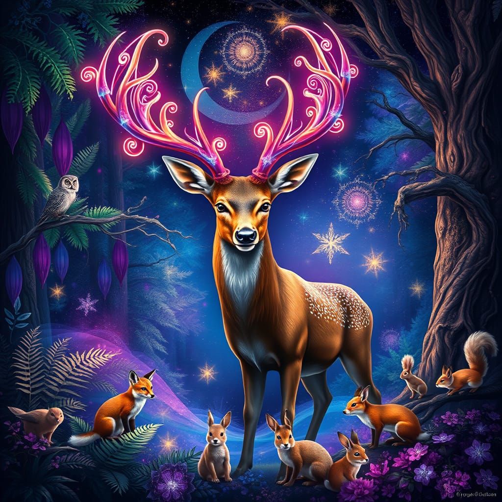 Enchanted Deer with Glowing Antlers in Vibrant Forest
