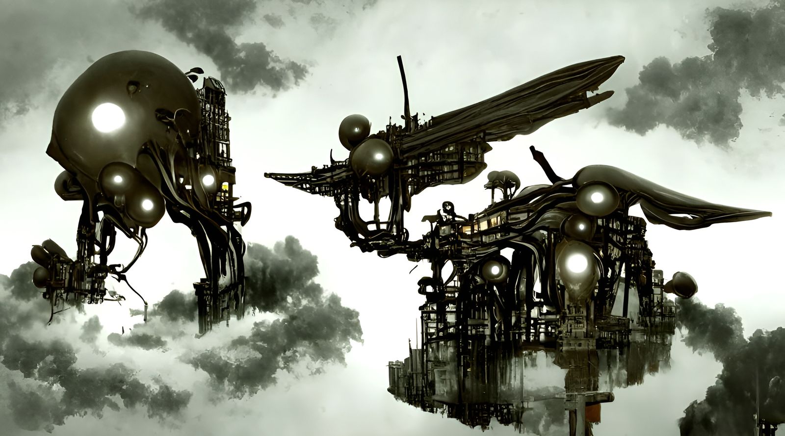 Dieselpunk Robotic Angels in Dystopian Cityscape