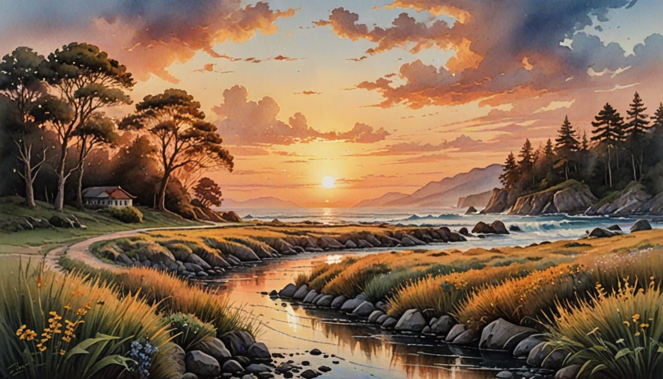 Romantic Watercolor Sunset Masterpiece