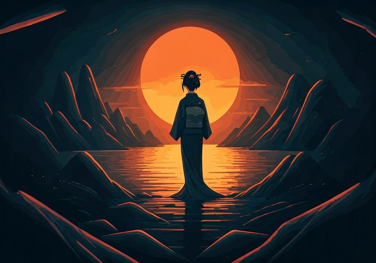 Ukiyo-e Japanese Woman in Geometric Landscape