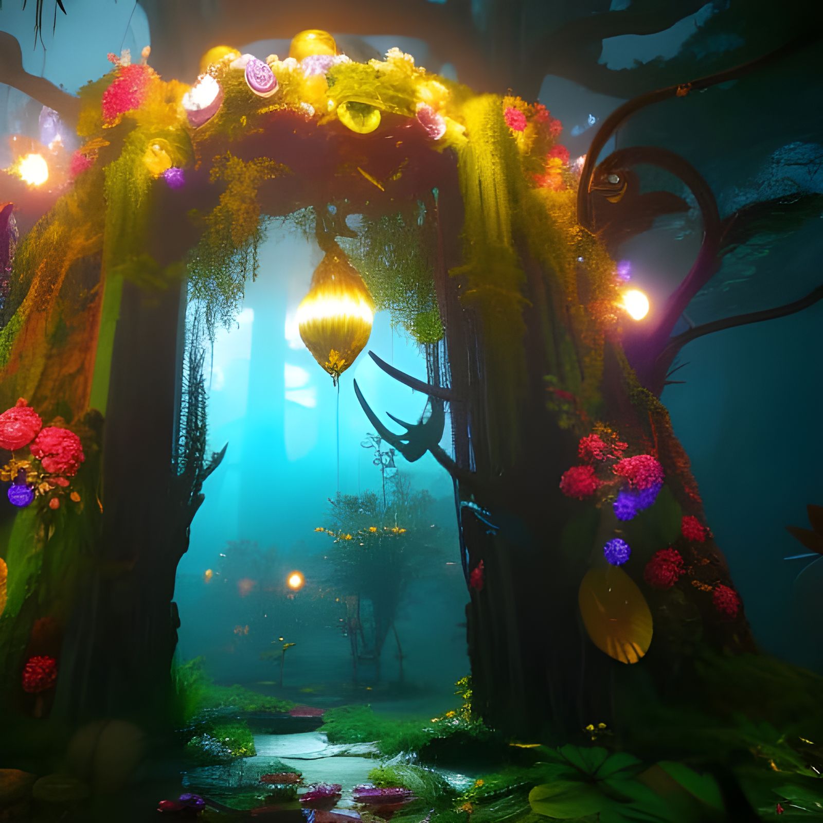 Mystic Flower Portal in Dark Forest, Bohemian Art