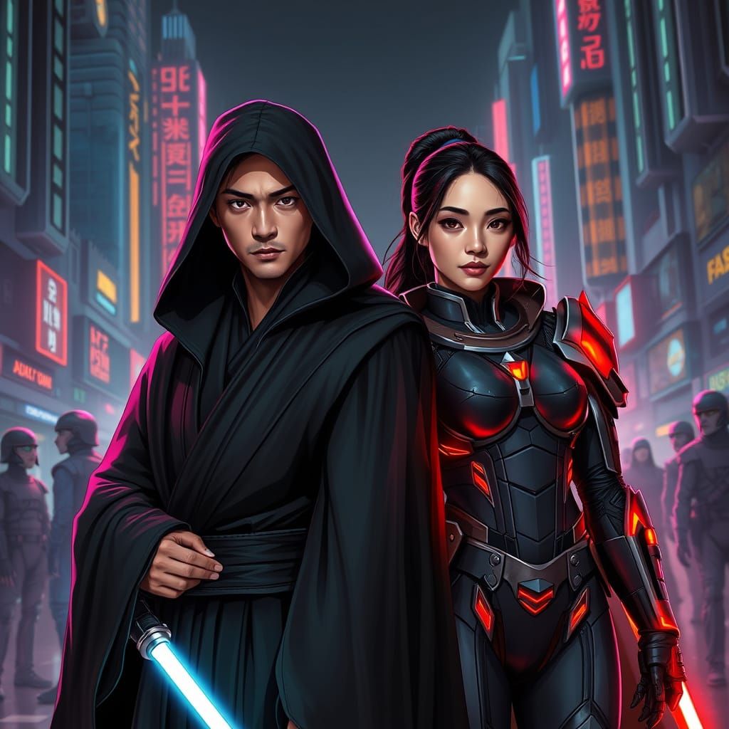 Futuristic Sith Lord and Companion in Galactic Cityscape