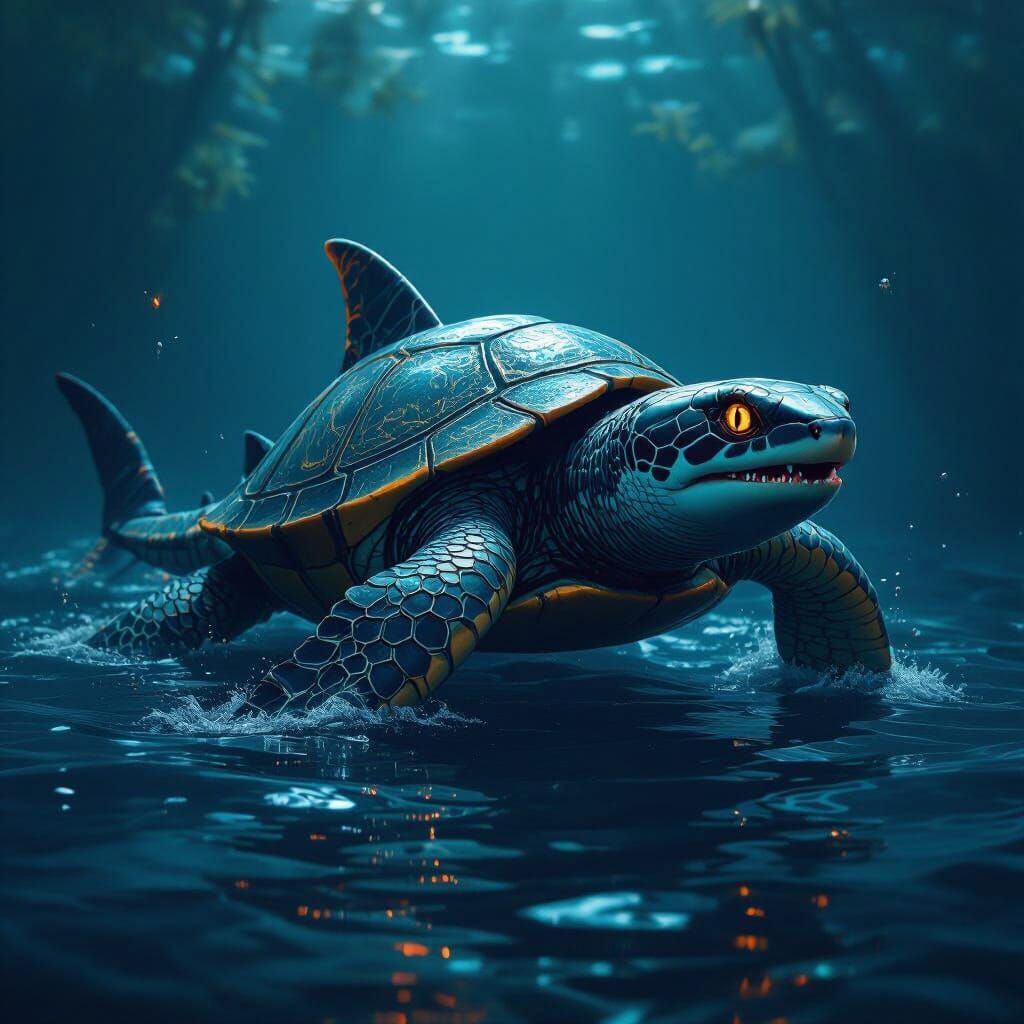 Hybrid Turtle-Snake-Shark Emerges in Fantasy Art Style