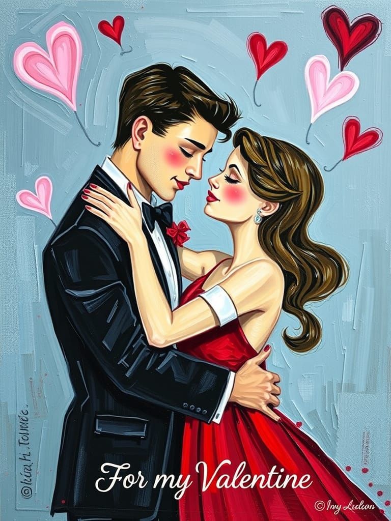 Romantic Impasto Oil Painting of a Couple Dancing on Valenti...