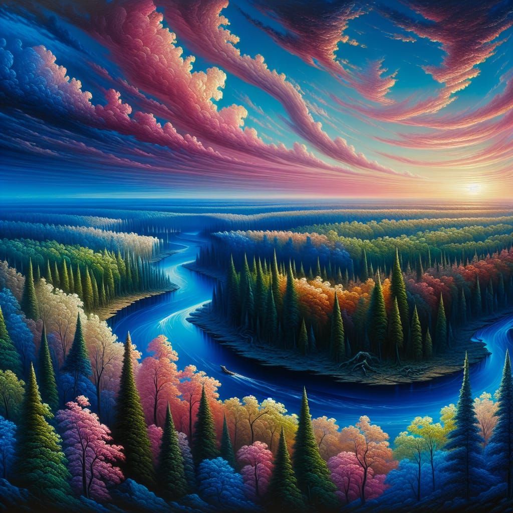 Sunset Oil Painting with River and Silhouetted Forest