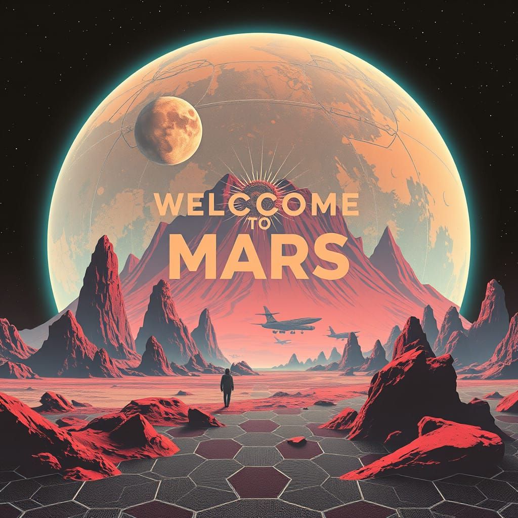 Retro-Futuristic Mars Terraforming Dystopia in Vibrant Hexag...