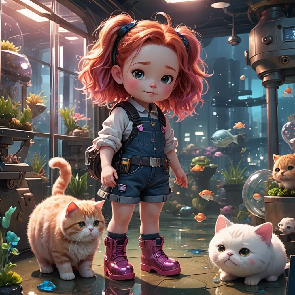 Girl and Cat in Futuristic Aquarium, Photorealistic Renderin...