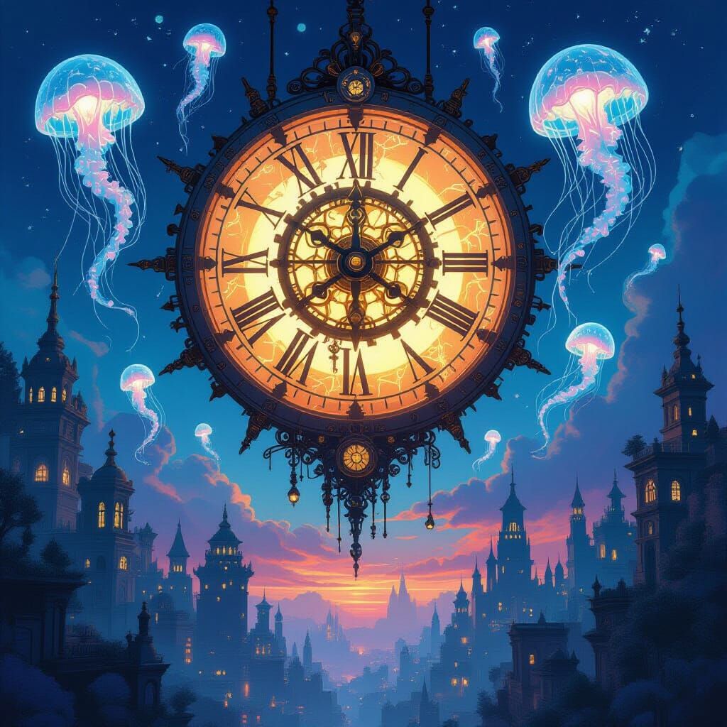 Clockwork Sun Over Bioluminescent Coral City