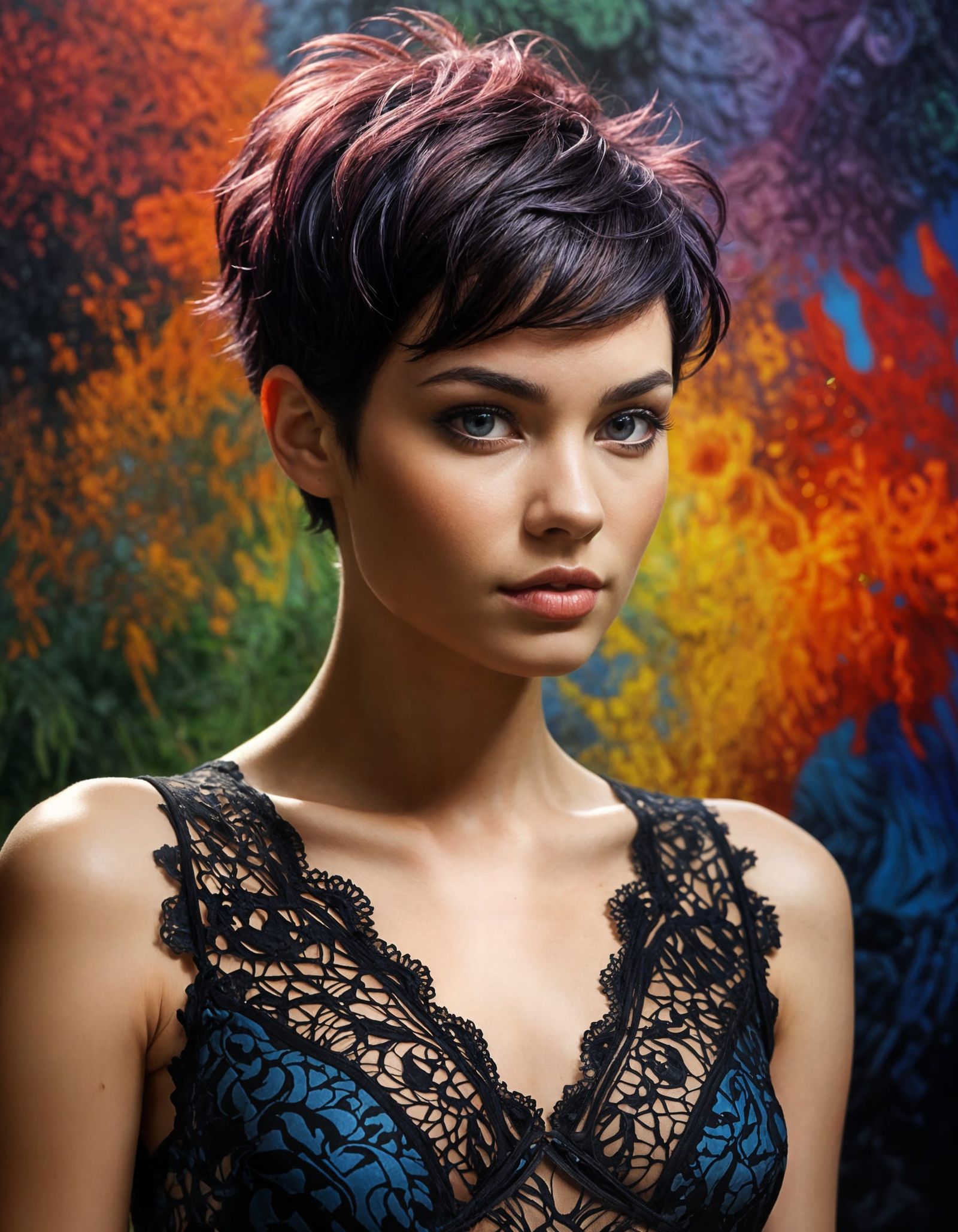 Brunette Pixie Haircut Woman in Laced Maxi Dress