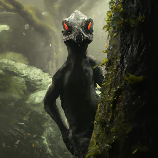 Hyperrealistic Alien Carving Tree in Rainforest