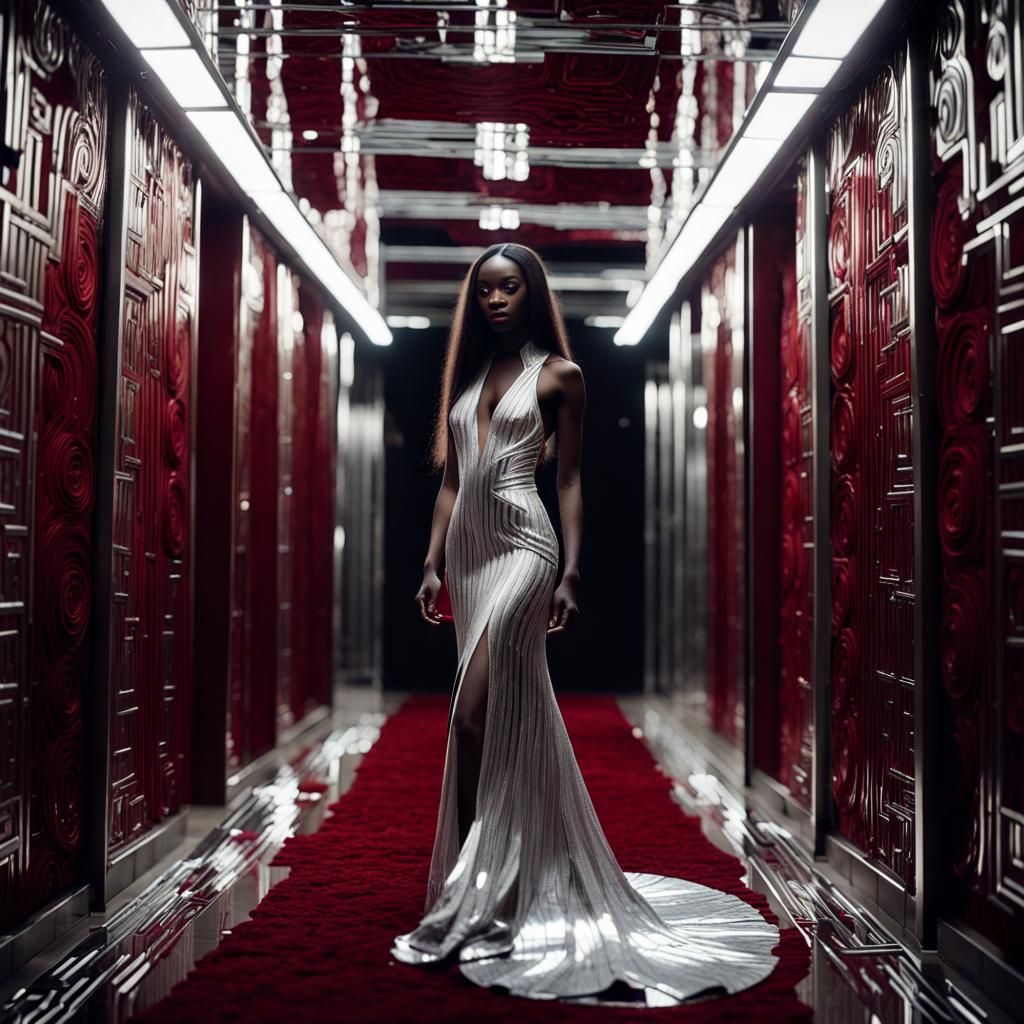 Model in Mirrored Maze with Silver Couture Dress