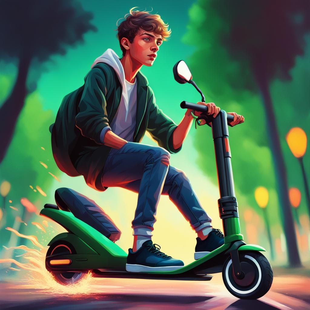 Teenager on Scooter: Hyperrealistic Splash Art Portrait
