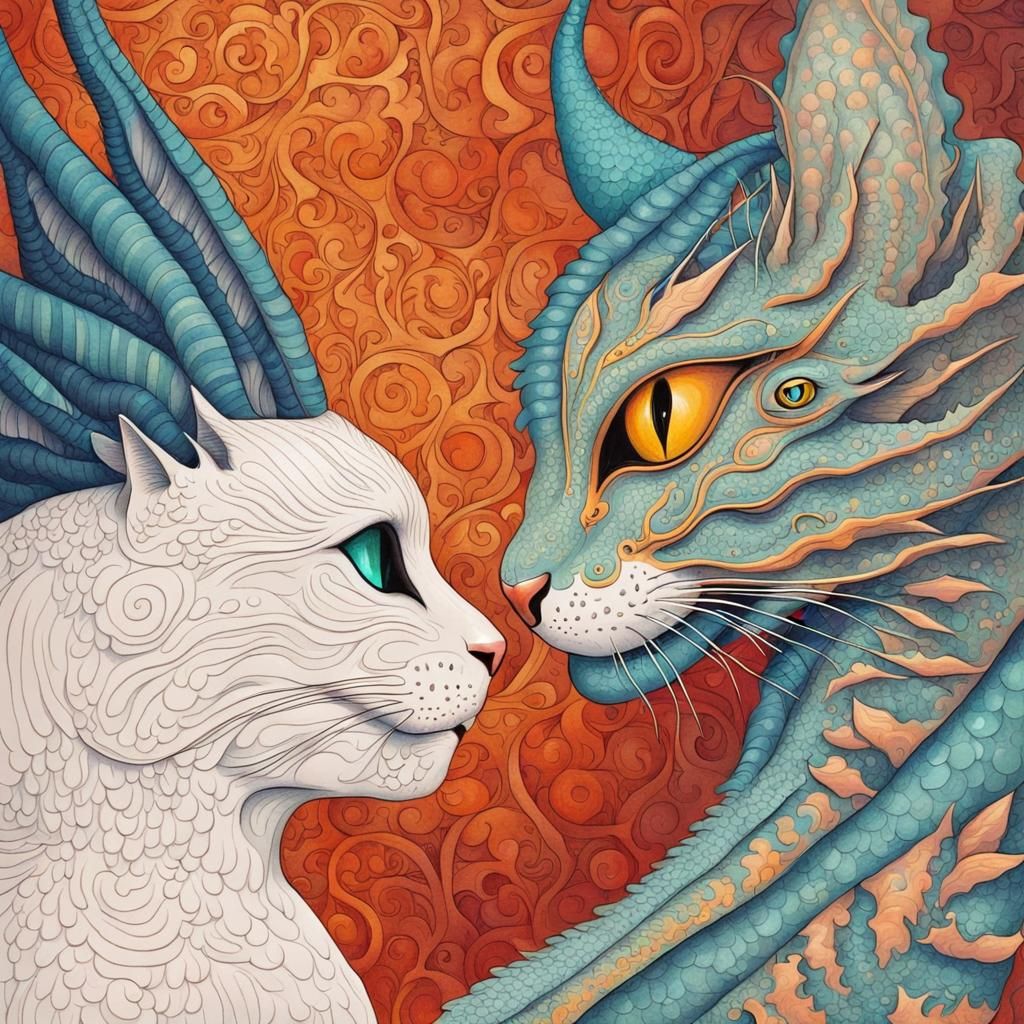 Cat touching noses with a Dragon cat