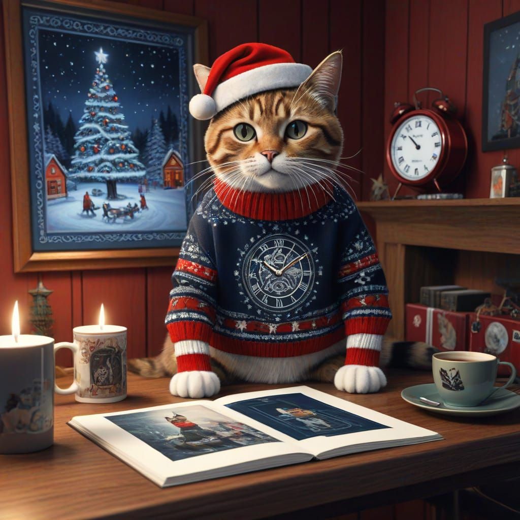 Christmas Jumper Cat Sitting on a Table with a Clock in a Gr...