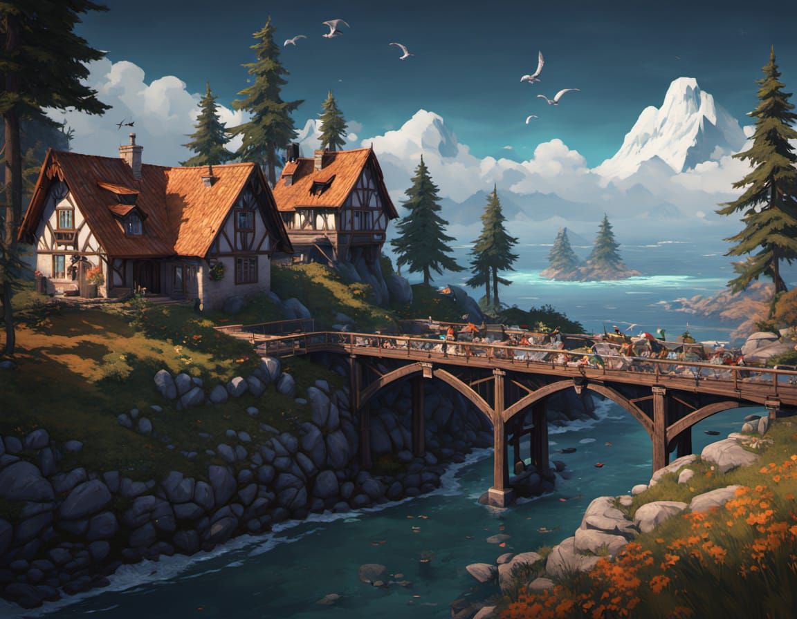 Vibrant Coastal Village Scene in Hyper-Realistic Style