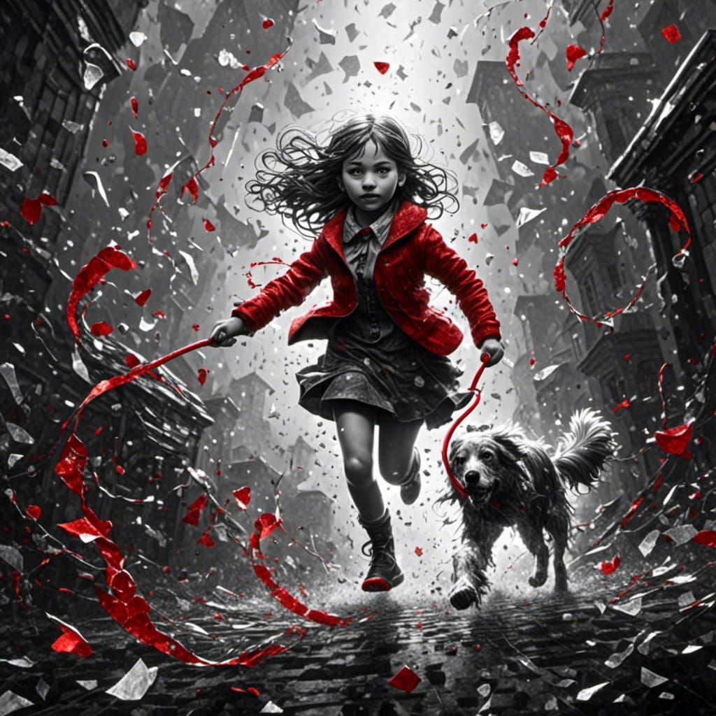 Dystopian Girl Chasing Dog in Black and White
