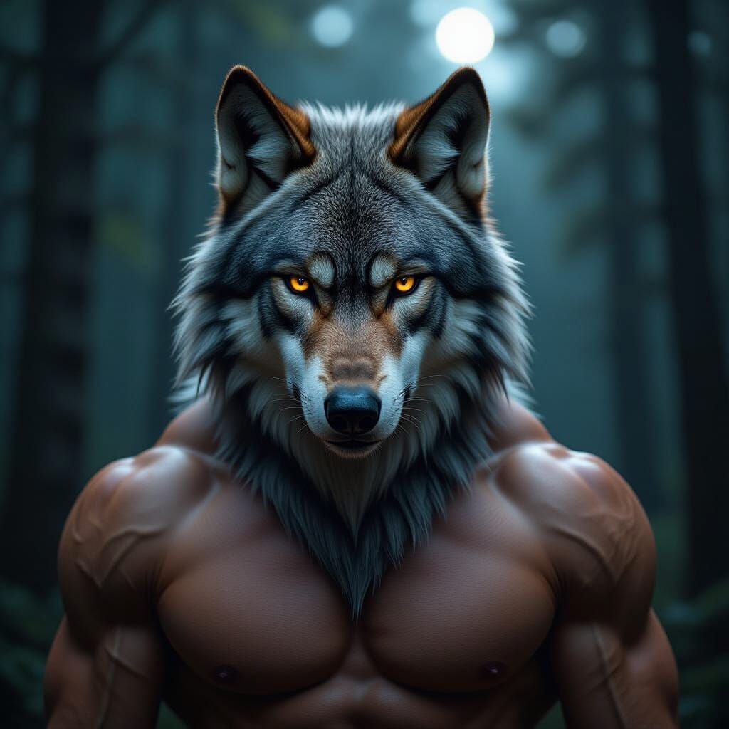 Wolf-Headed Humanoid in Hyperrealistic Dark Forest Scene
