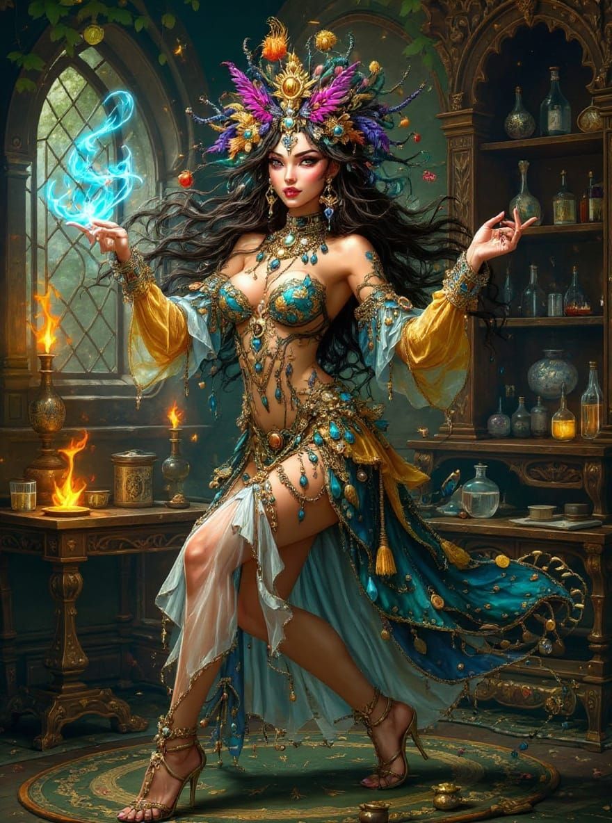 Enchantress Dances in Potion Apothecary, Anime Illustration