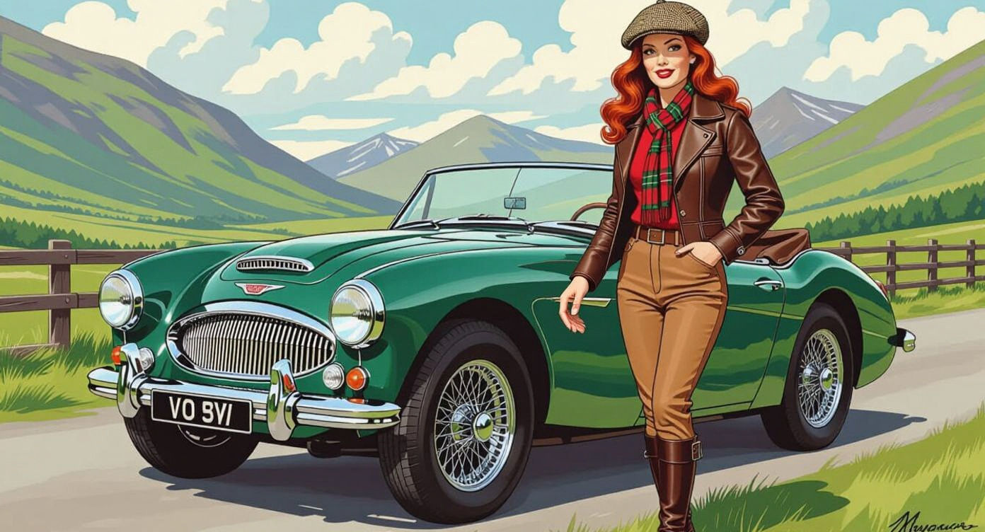 Red-Haired Woman and Classic Car in Highlands