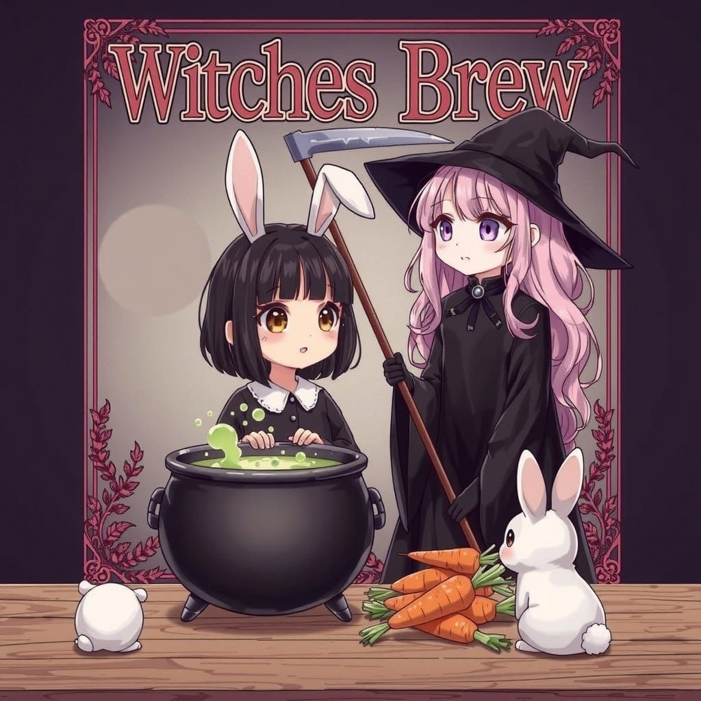 Cute Witch Cafe Scene with Rabbit and Reaper