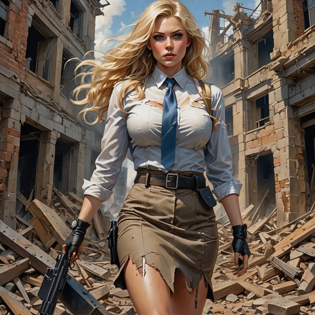 Post-Apocalyptic Businesswoman in Ruins: Digital Art