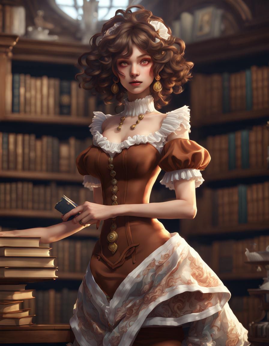 Fantasy Kitsune in Library, Detailed Matte Painting