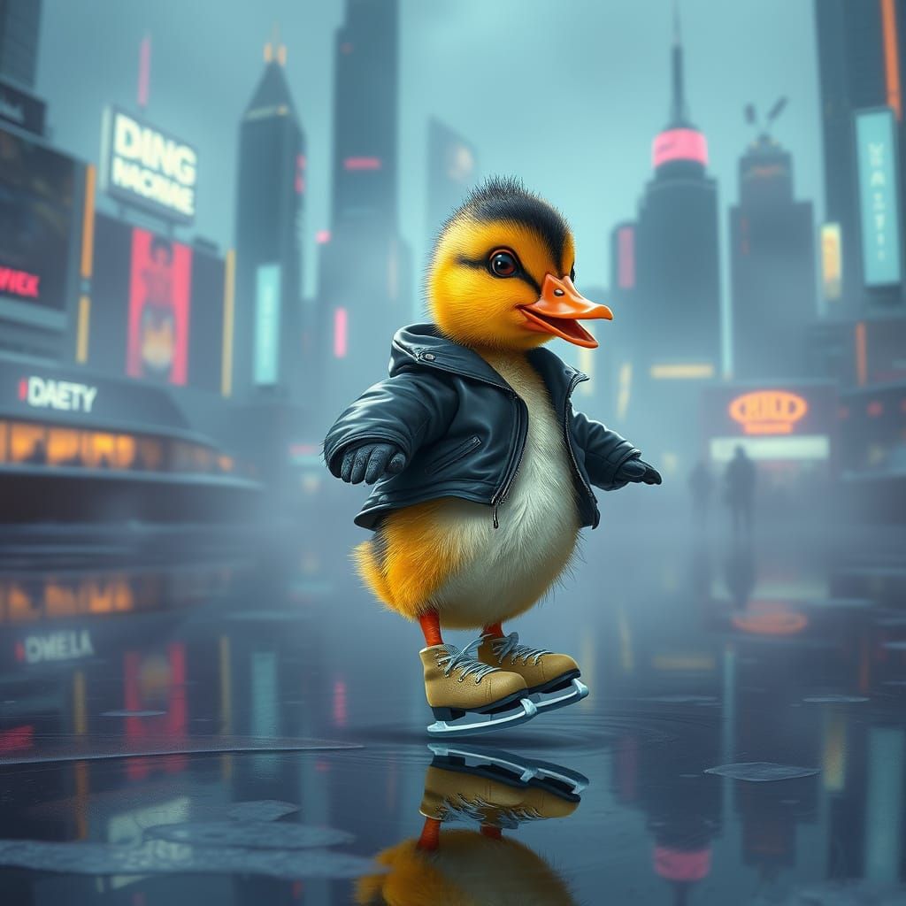 Cyberpunk Duckling Dances on Icy Pond