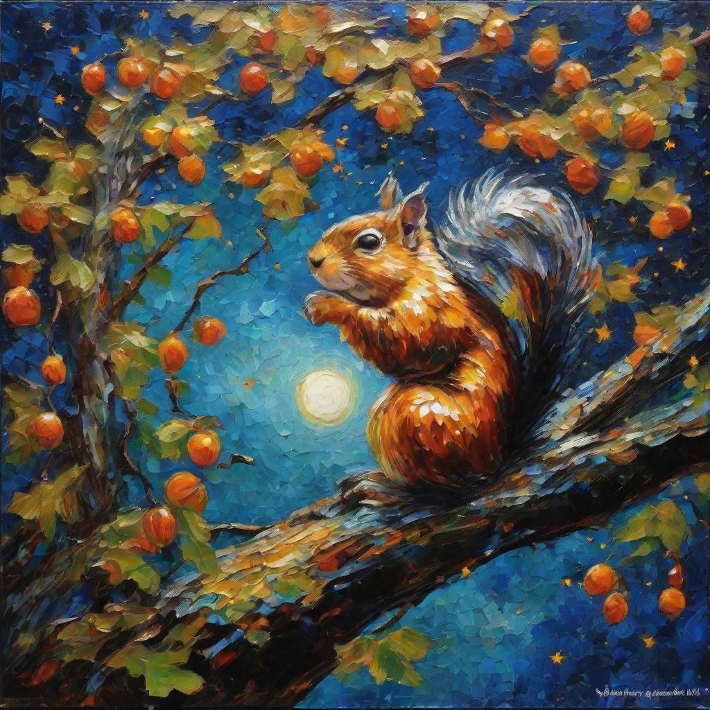 Squirrel in Hazelnut Tree Impasto Painting