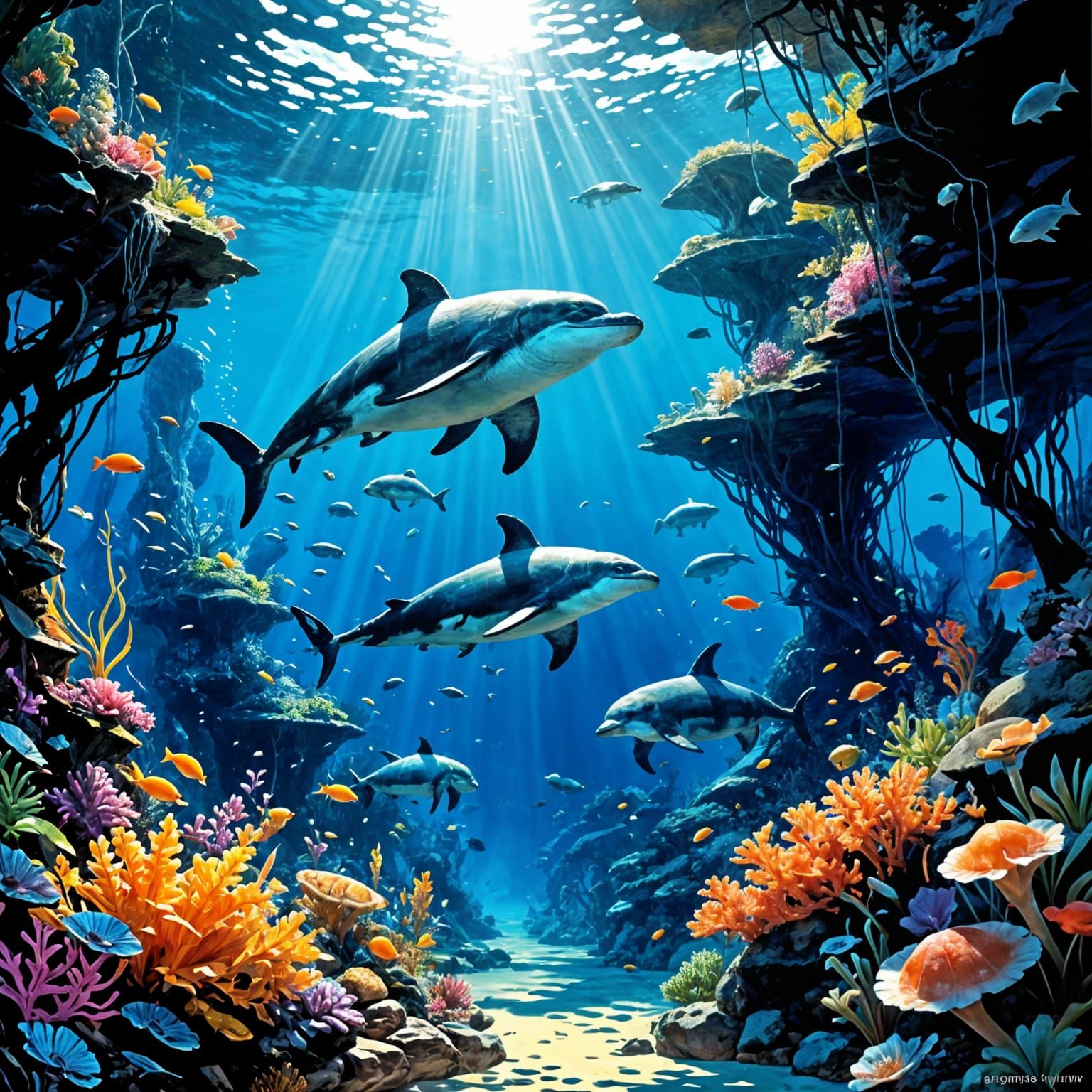 Vibrant Tropical Ocean Scene in Whimsical Style