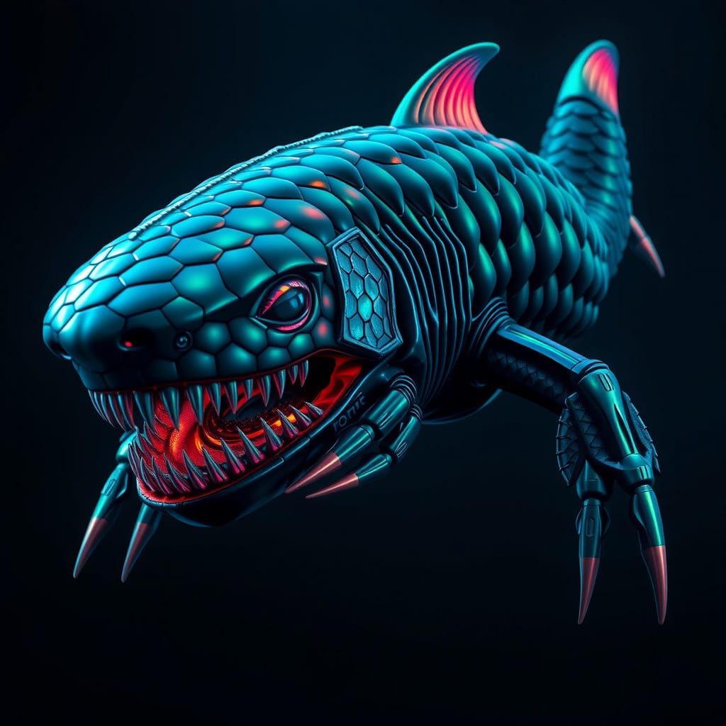 Cyberpunk Shark-Creature in Neon Bioluminescent Armor