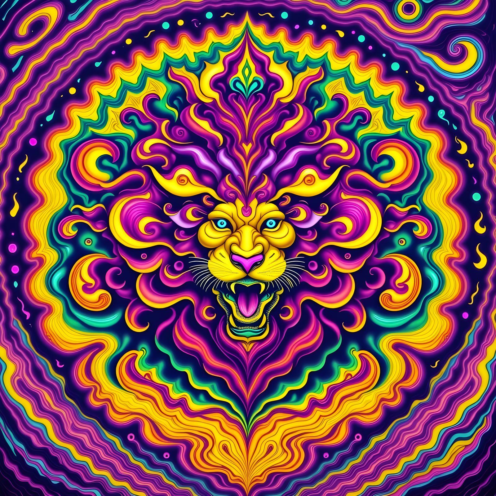 Kaleidoscopic Lion Roaring in Geometric Mandala