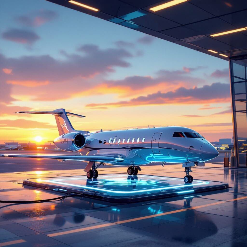 Futuristic Electric Jet Recharges at Sunset Airport