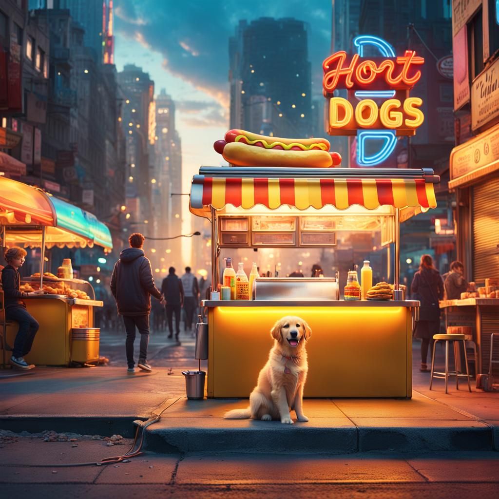 Golden Retriever Puppy at Hot Dog Stand