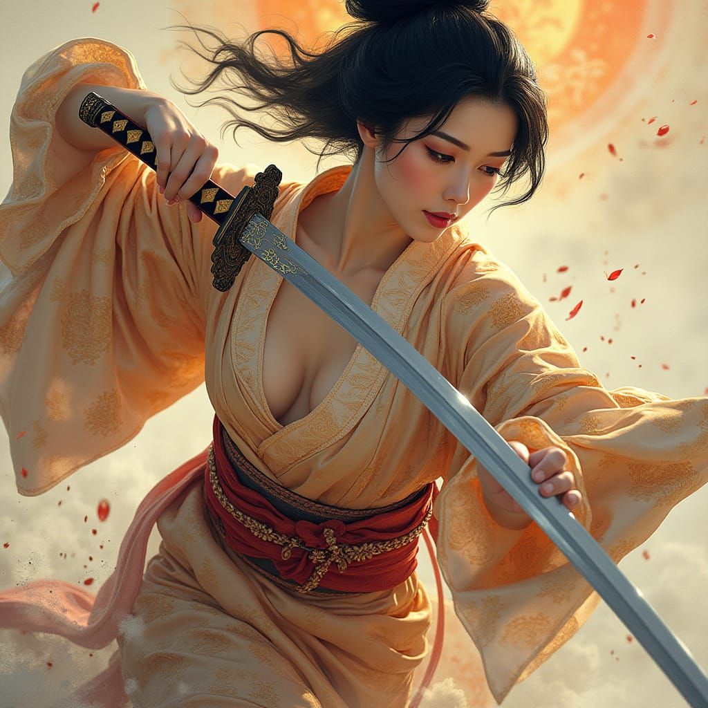 Japanese Beauty with Sword in Ukiyo-e Style